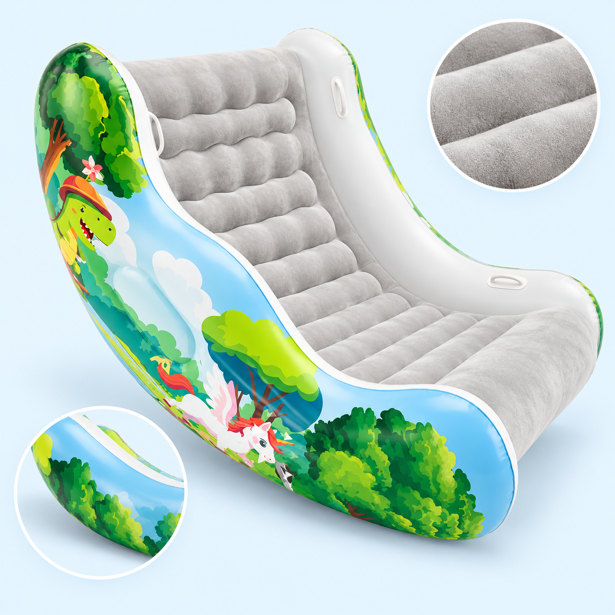 Green inflatable rocking chair with close-up views of its soft surface and curved base